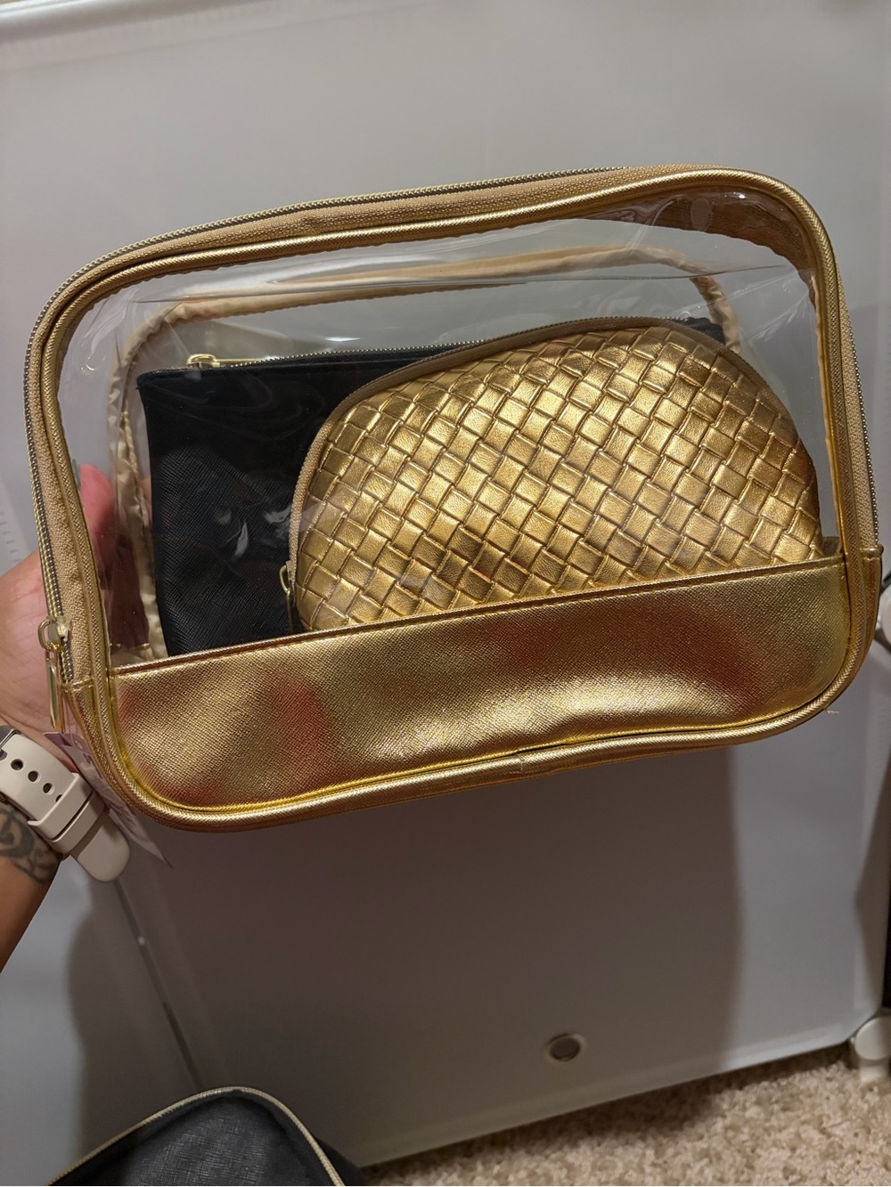 Studio Selection 3 Piece Cosmetic Bag Set Gold & Clear